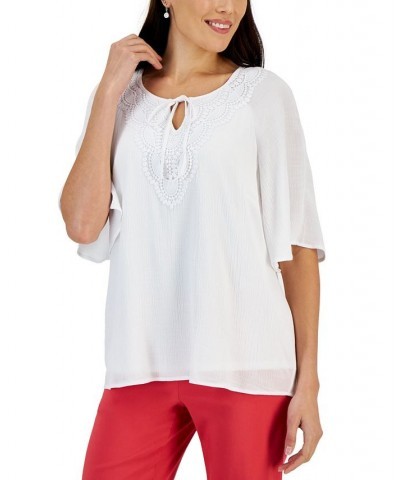 Women's Crochet Flutter-Sleeve Peasant Top White $18.76 Tops