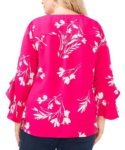 Plus Size Flutter Sleeve Floral Whisps V-Neck Tunic Rich Meadow $25.59 Tops