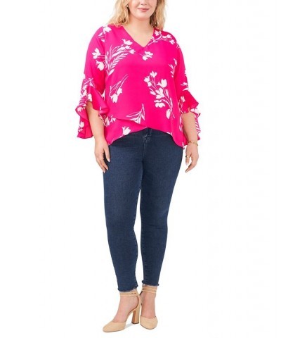 Plus Size Flutter Sleeve Floral Whisps V-Neck Tunic Rich Meadow $25.59 Tops