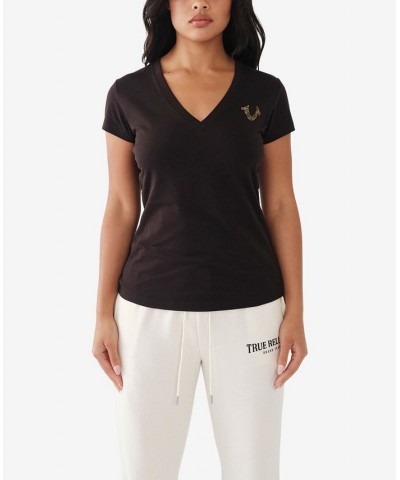 Women's Short Sleeve Crystal Box Logo V-Neck T-shirt Black $27.24 Tops