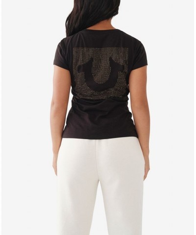 Women's Short Sleeve Crystal Box Logo V-Neck T-shirt Black $27.24 Tops