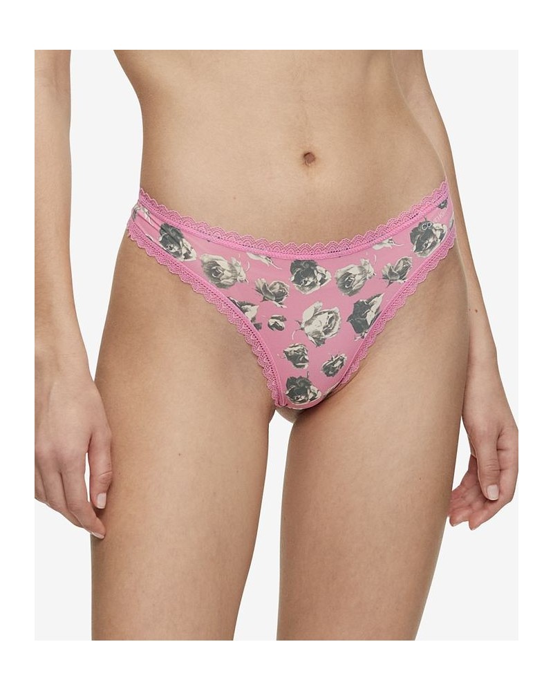 Women's Lace-Trim Thong Underwear QD3705 Rose Print $10.83 Panty