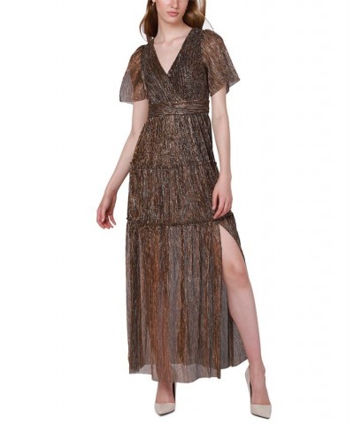 Women's V-Neck Chiffon Leg-Slit Maxi Dress Gold Crinkle $29.20 Dresses