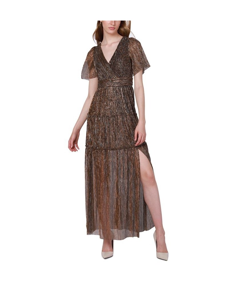 Women's V-Neck Chiffon Leg-Slit Maxi Dress Gold Crinkle $29.20 Dresses