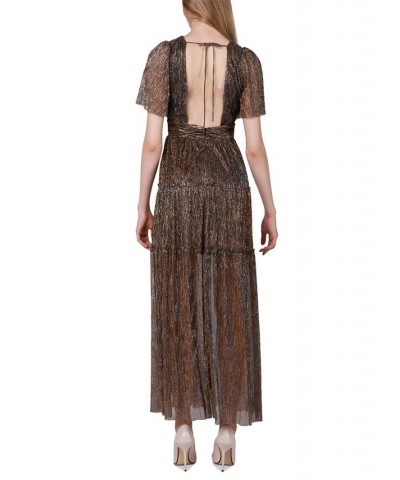 Women's V-Neck Chiffon Leg-Slit Maxi Dress Gold Crinkle $29.20 Dresses