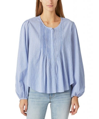 Women's Cotton Striped Pleated-Front Blouse Blue Stripe $52.74 Tops