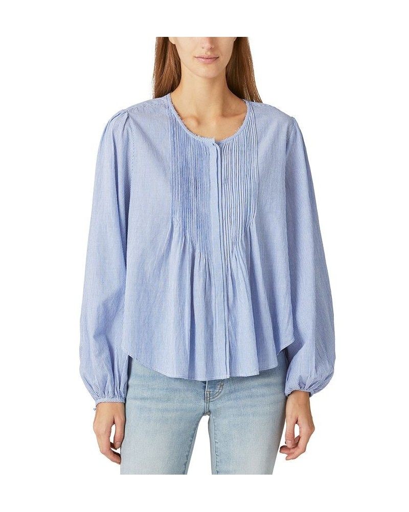 Women's Cotton Striped Pleated-Front Blouse Blue Stripe $52.74 Tops