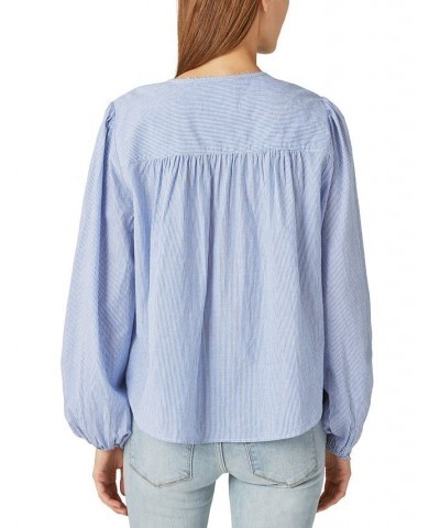 Women's Cotton Striped Pleated-Front Blouse Blue Stripe $52.74 Tops