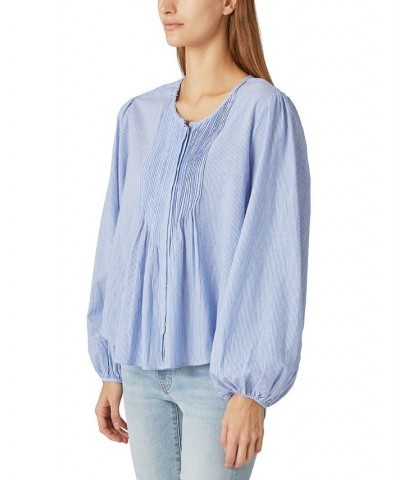 Women's Cotton Striped Pleated-Front Blouse Blue Stripe $52.74 Tops