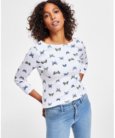 Women's Butterfly-Print 3/4-Sleeve Top White $12.25 Tops