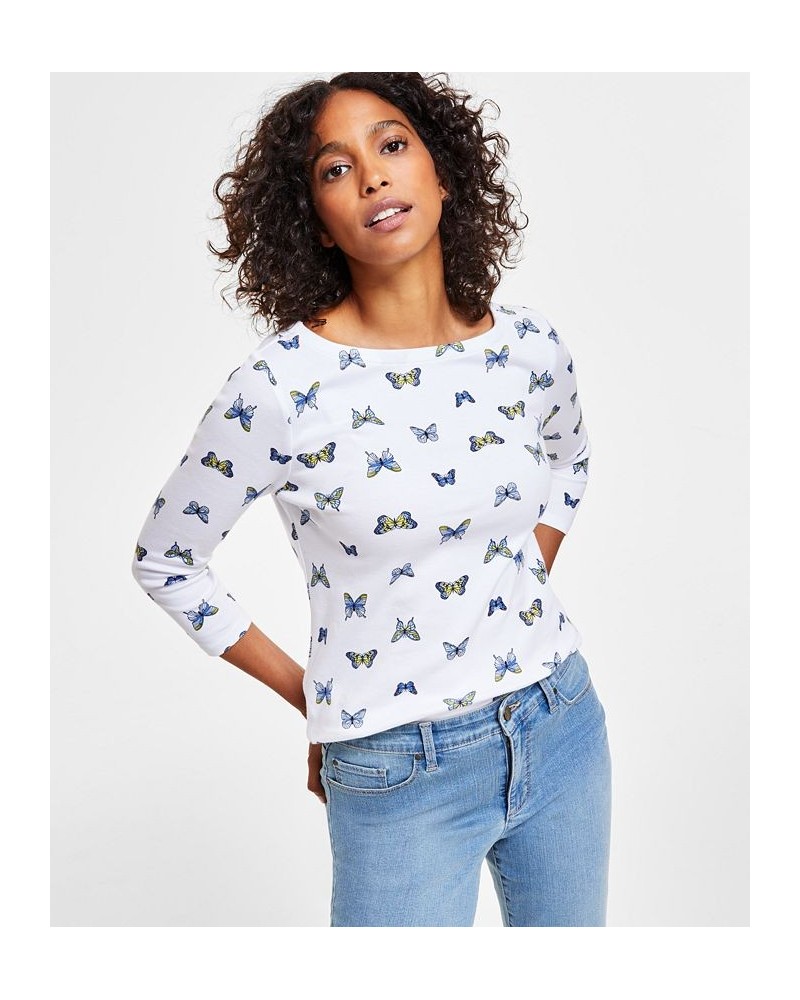 Women's Butterfly-Print 3/4-Sleeve Top White $12.25 Tops