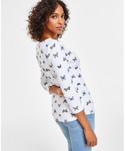 Women's Butterfly-Print 3/4-Sleeve Top White $12.25 Tops