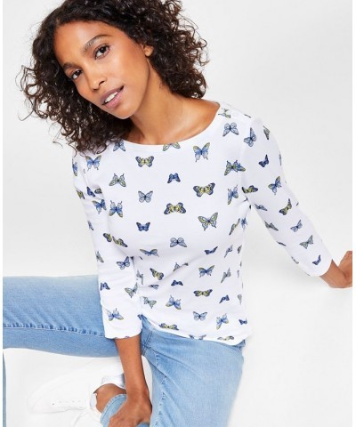 Women's Butterfly-Print 3/4-Sleeve Top White $12.25 Tops