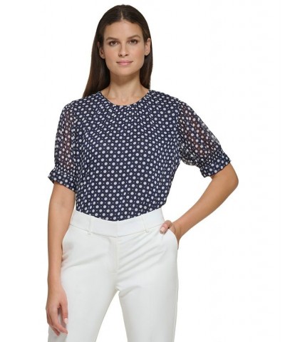 Women's Dot-Print Sheer-Puff-Sleeve Top Midnight Multi $33.97 Tops