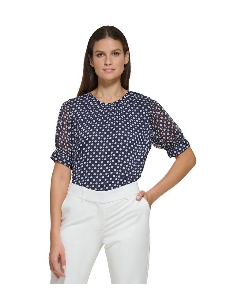 Women's Dot-Print Sheer-Puff-Sleeve Top Midnight Multi $33.97 Tops