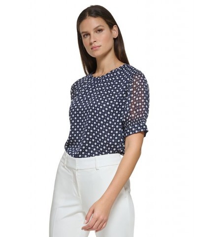 Women's Dot-Print Sheer-Puff-Sleeve Top Midnight Multi $33.97 Tops