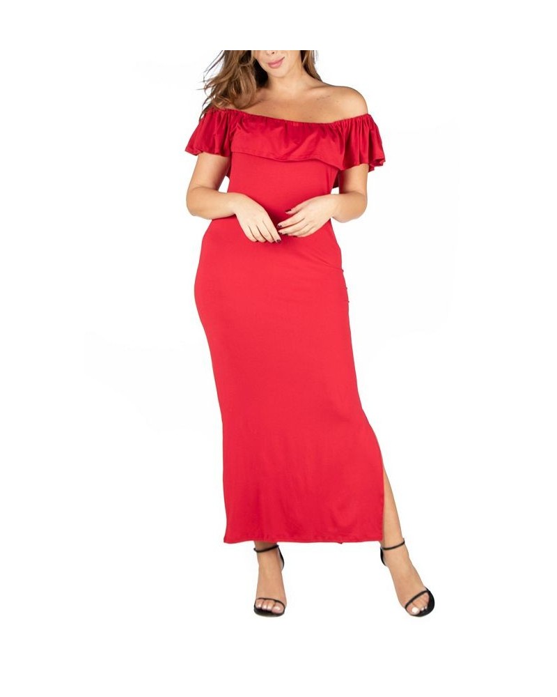 Plus Size Ruffle Off The Shoulder Maxi Dress Red $17.85 Dresses