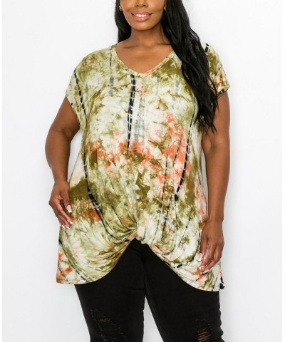 Plus Size Hand Tie Dye V-Neck Twist Front Top Taupe/Olive $18.98 Tops