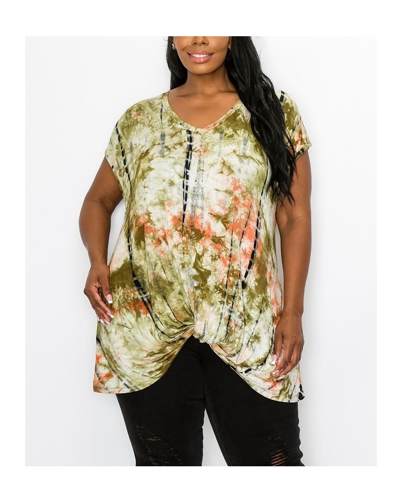 Plus Size Hand Tie Dye V-Neck Twist Front Top Taupe/Olive $18.98 Tops