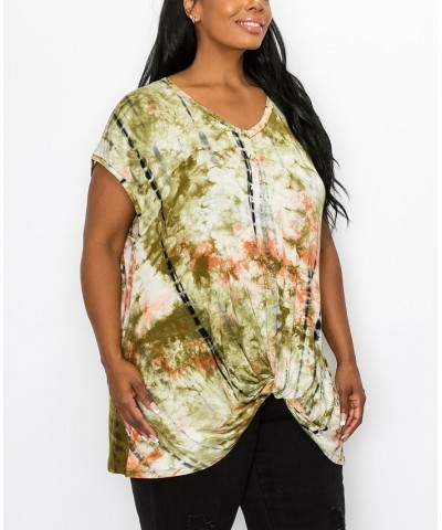 Plus Size Hand Tie Dye V-Neck Twist Front Top Taupe/Olive $18.98 Tops