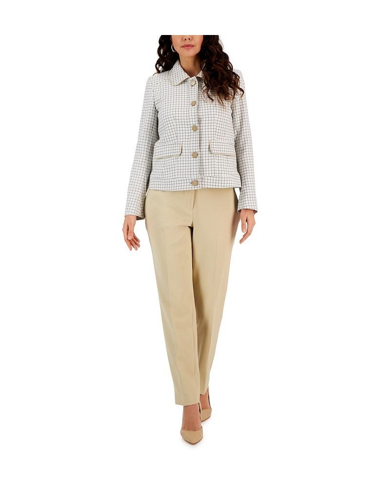 Women's Plaid Five-Button Pantsuit Regular and Petite Sizes Tan/Beige $88.00 Suits