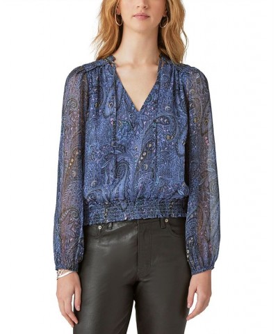 Women's Paisley-Print Bubble-Hem Blouse Blue $27.86 Tops