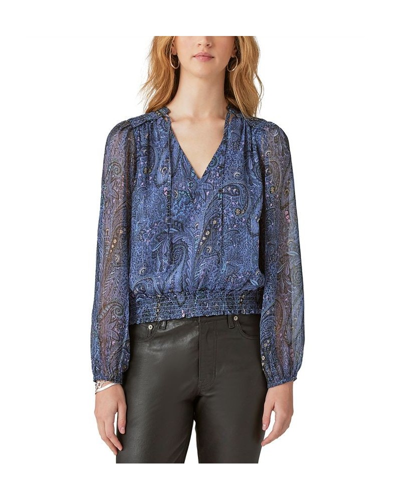 Women's Paisley-Print Bubble-Hem Blouse Blue $27.86 Tops