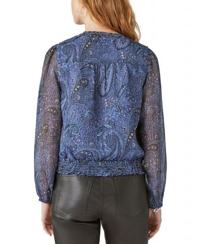 Women's Paisley-Print Bubble-Hem Blouse Blue $27.86 Tops