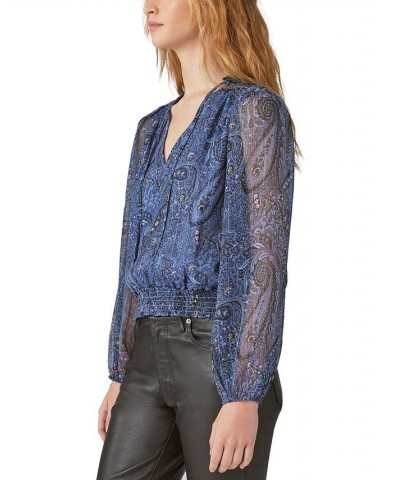 Women's Paisley-Print Bubble-Hem Blouse Blue $27.86 Tops