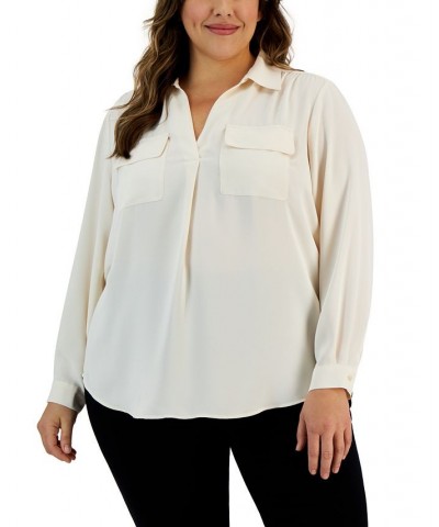 Plus Size Flap-Pocket Long-Sleeve Shirt Anne White $27.37 Tops