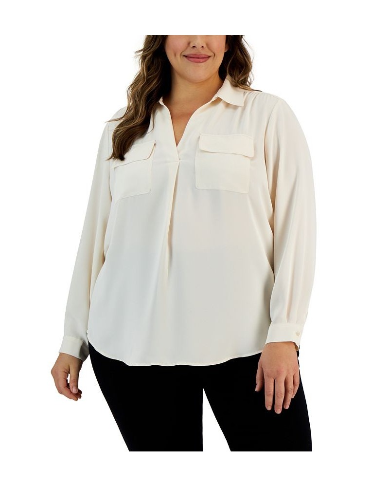 Plus Size Flap-Pocket Long-Sleeve Shirt Anne White $27.37 Tops