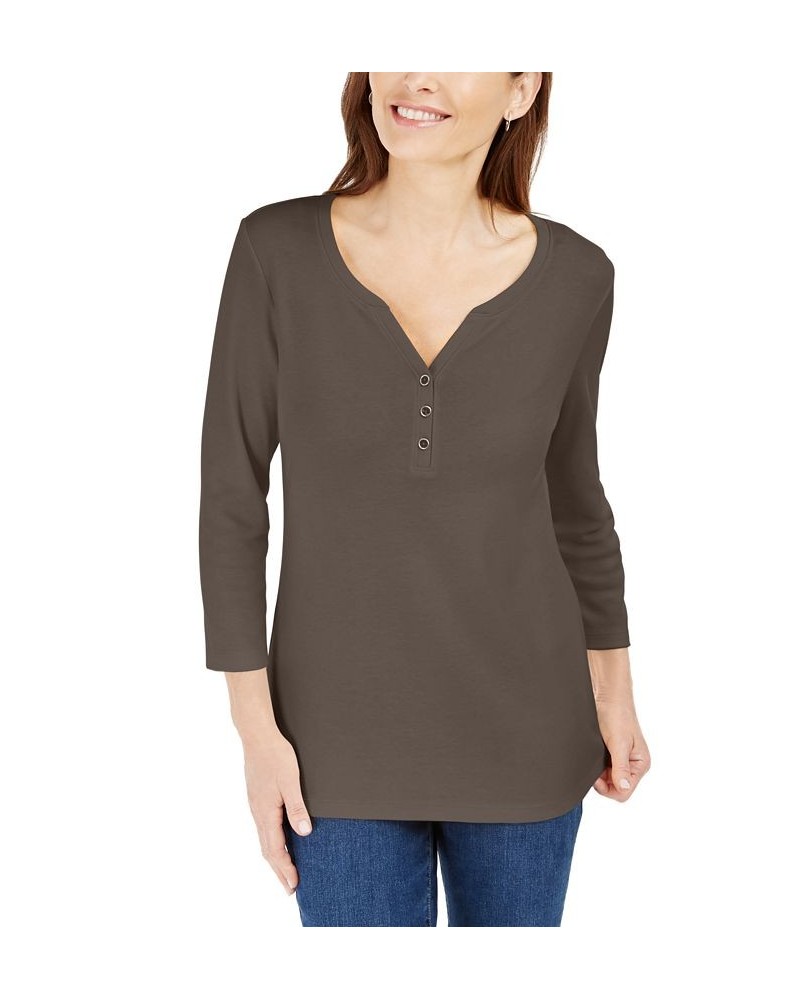 Cotton Henley V-Neck Top Brown $10.39 Tops