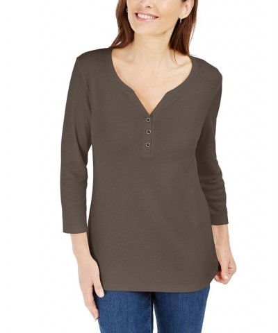 Cotton Henley V-Neck Top Brown $10.39 Tops