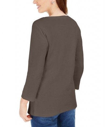 Cotton Henley V-Neck Top Brown $10.39 Tops