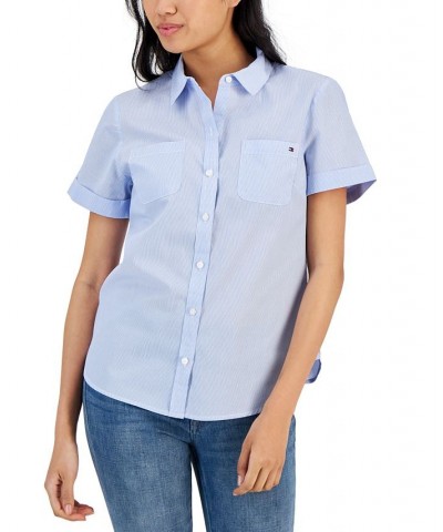 Women's Striped Cotton Camp Shirt Crnflr Blu $20.25 Tops