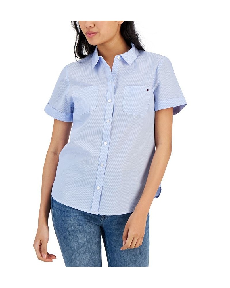 Women's Striped Cotton Camp Shirt Crnflr Blu $20.25 Tops