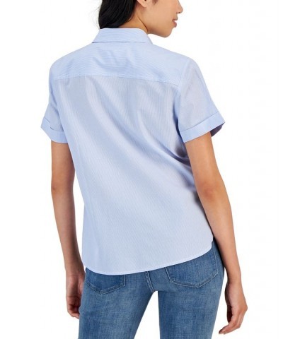 Women's Striped Cotton Camp Shirt Crnflr Blu $20.25 Tops