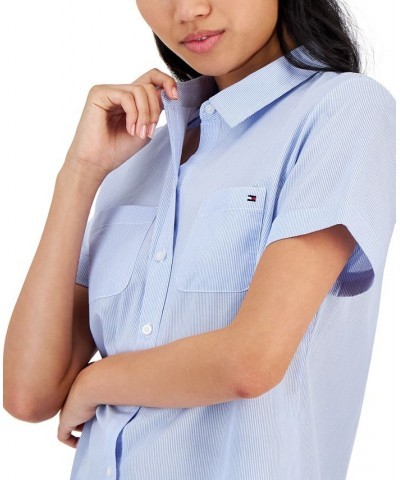 Women's Striped Cotton Camp Shirt Crnflr Blu $20.25 Tops