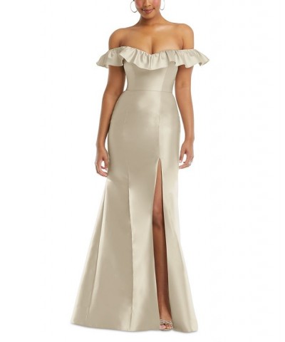 Women's Off-The-Shoulder Ruffled High-Slit Gown Tan/Beige $103.23 Dresses