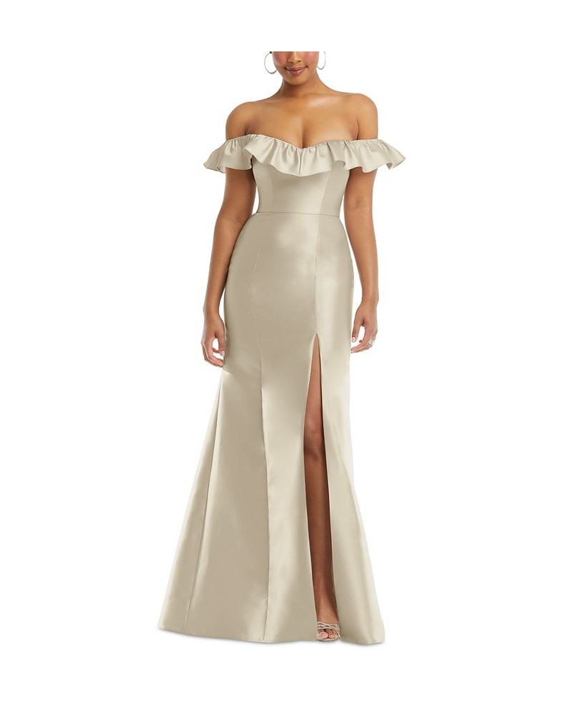 Women's Off-The-Shoulder Ruffled High-Slit Gown Tan/Beige $103.23 Dresses