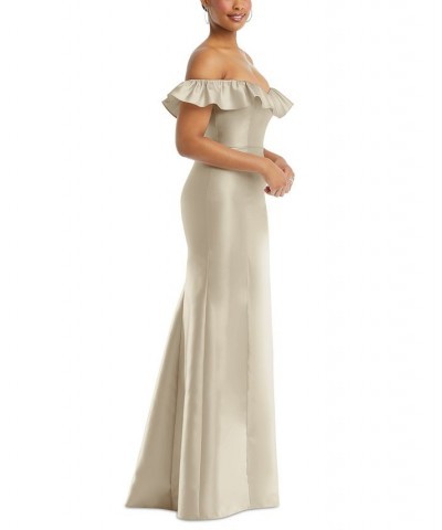 Women's Off-The-Shoulder Ruffled High-Slit Gown Tan/Beige $103.23 Dresses