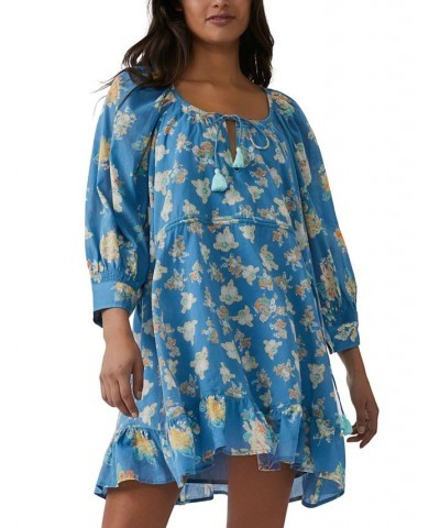 Women's Camella Printed Ruffled Cotton Babydoll Mini Dress Blue $42.78 Dresses