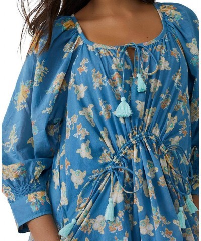 Women's Camella Printed Ruffled Cotton Babydoll Mini Dress Blue $42.78 Dresses