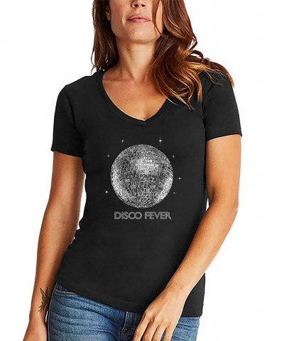 Women's Word Art Disco Ball V-Neck T-Shirt Black $14.70 Tops