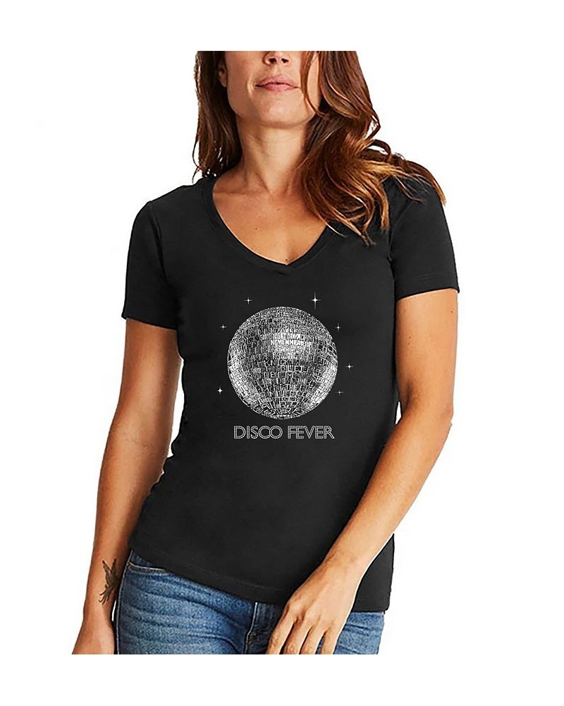 Women's Word Art Disco Ball V-Neck T-Shirt Black $14.70 Tops