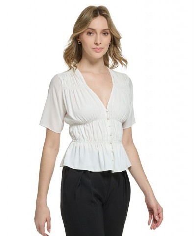 Women's X-Fit Short Sleeve V-Neck Peplum Blouse White $40.59 Tops