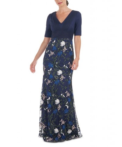 Women's Pleated Embroidered Mesh Gown Navy Multi $117.04 Dresses