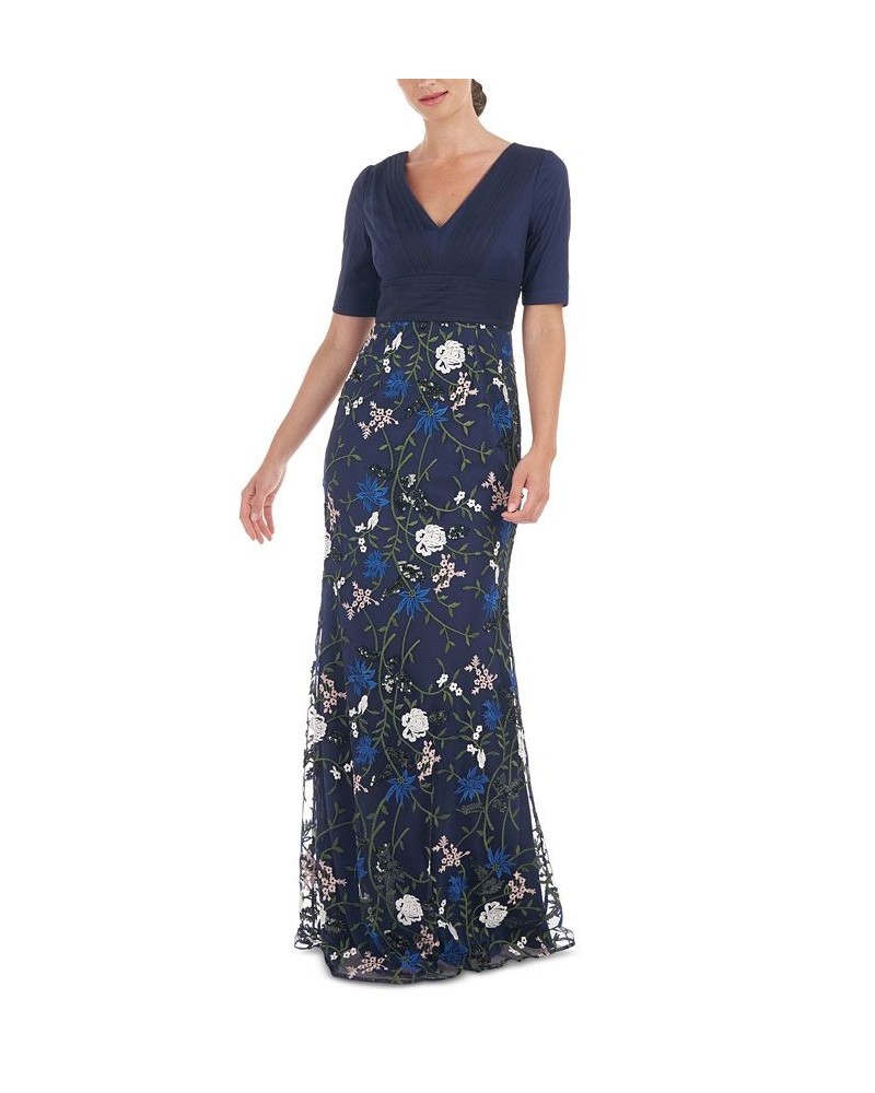 Women's Pleated Embroidered Mesh Gown Navy Multi $117.04 Dresses