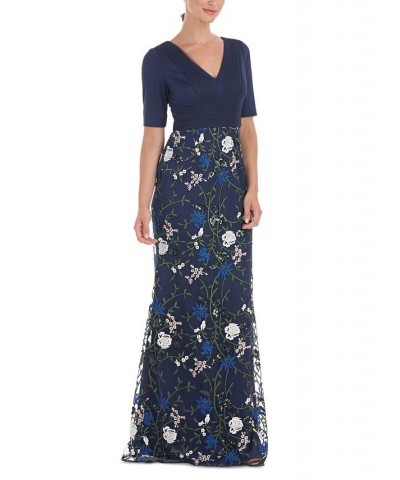 Women's Pleated Embroidered Mesh Gown Navy Multi $117.04 Dresses