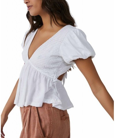 Women's Charlotte Cotton Smocked Tie-Back Top Ivory/Cream $36.66 Tops